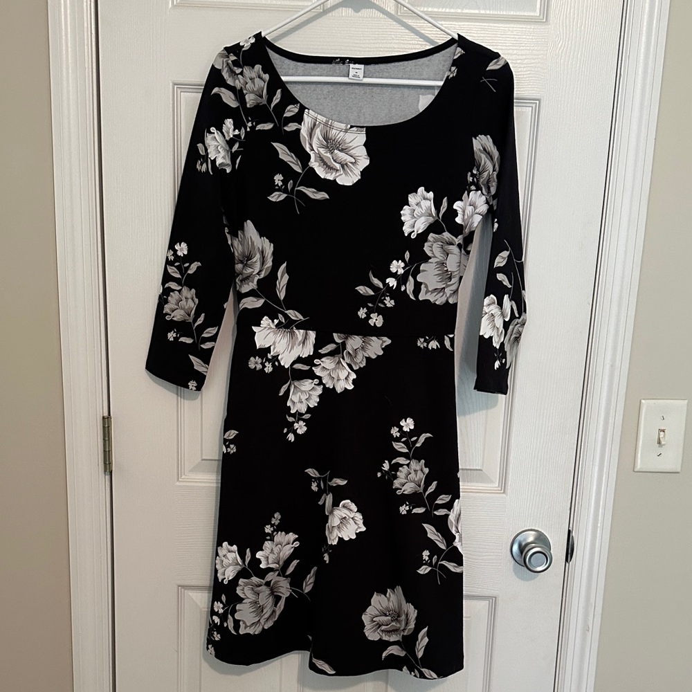 Old Navy Black Dress with White Floral Print and Scoop Neckline